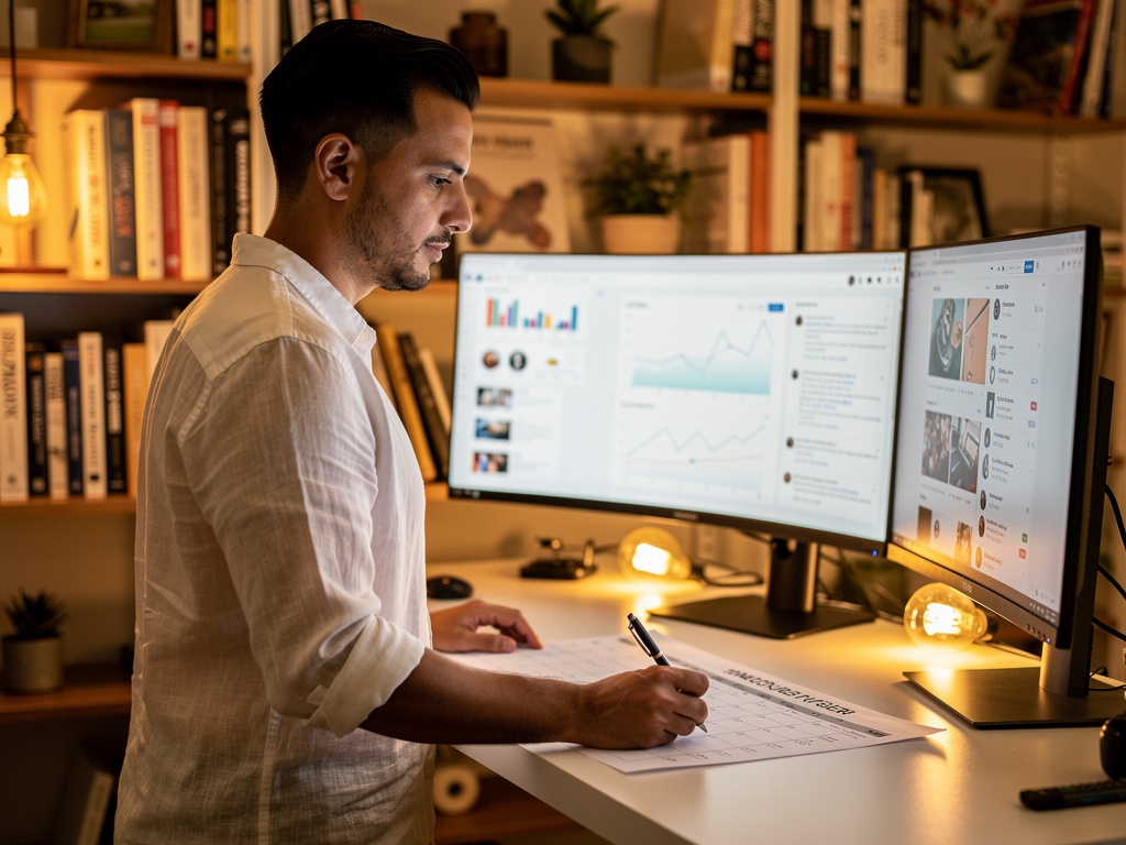 Profesional independiente trabajando en su estrategia de contenidos